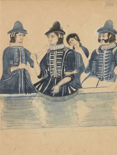 A group of Europeans, Mewar, India, 19th century, ink and opaque pigments on paper, the central