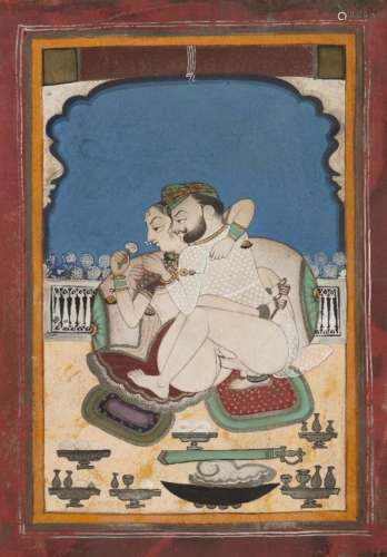 A group of four erotic paintings, Kotah, Rajasthan, 19th century, opaque pigments heightened with