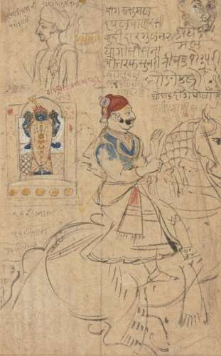 A drawing of an equestrian figure, Sri Nathji and studies of heads, Kotah, Rajasthan, 19th