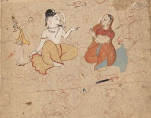 A drawing of Shiva and Parvati, India, 19th century, pen and opaque pigments on paper, with the