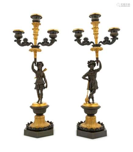 A Pair of Regency Gilt and Patinated Bronze Three-Light