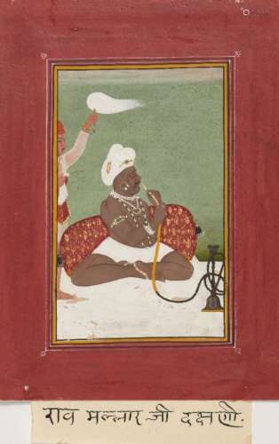 Portrait of Rao Malhar smoking a huqqa, Rajasthan, 19th century, opaque pigments on paper heightened