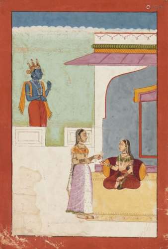 An illustration to a Rasikapriya series: Krishna observes a sakhi talking to Radha, Bikaner,