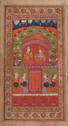 A noble and consort in a pavilion, Kashmir, early 19th century, opaque pigments heightened with gilt