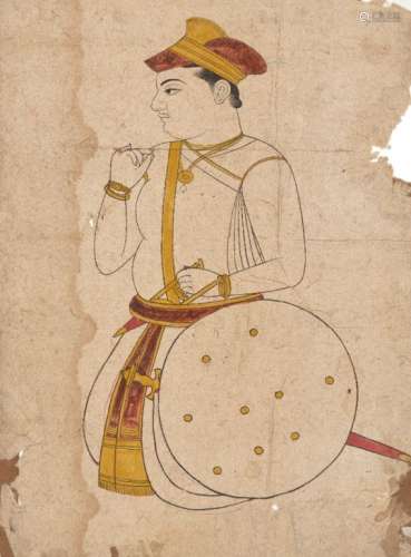 Portrait of kneeling noble, India, 19th century, opaque pigments on paper, the corpulent figure