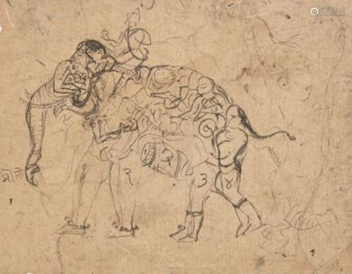 A composite elephant, a lion and a feline eating an antelope, India, 19th century, pen and opaque