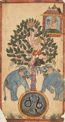 Elephants shaking a man from a tree, India, 19th century, opaque pigments on paper, the man reaching