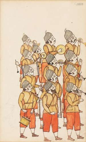 A processional scene, Mewar, India, 19th century, gouache on paper, depicted led by a group of