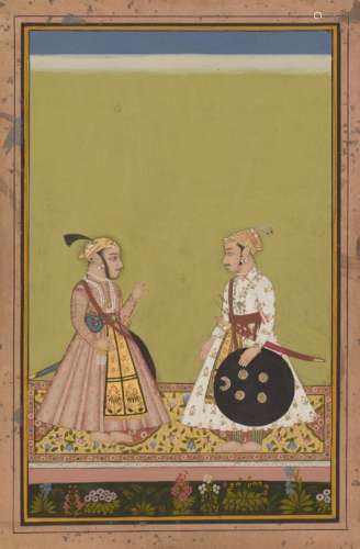 A double portrait of Maharana Sangram Singh of Mewar receiving Sawai Jai Singh of Amber, Mewar,