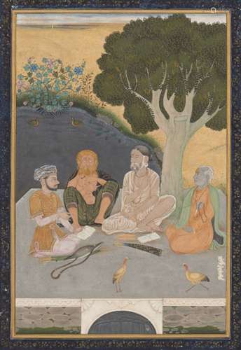 A prince and sadhus in a landscape, Provincial Mughal, circa 1800, opaque pigments and gold on