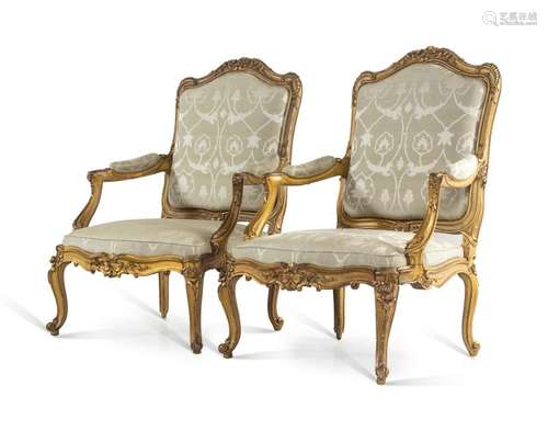 A Pair of Louis XV Giltwood Fauteuils a la Reine