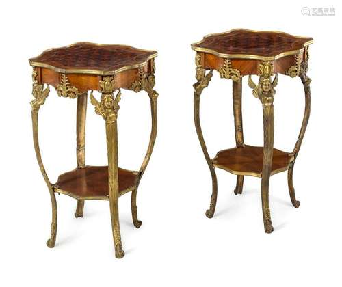 A Pair of Louis XV Style Gilt Bronze Mounted Parquetry