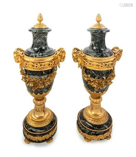 A Pair of Louis XVI Style Gilt Bronze and Marble Urns