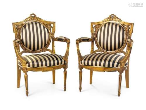 A Pair of Louis XVI Style Giltwood Fauteuils
