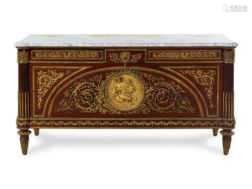 A Louis XVI Style Gilt Bronze Mounted Mahogany Commode