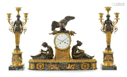 An Empire Style Gilt, Patinated Bronze and Marble Clock