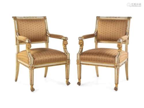 A Pair of Empire Painted and Parcel Gilt Fauteuils