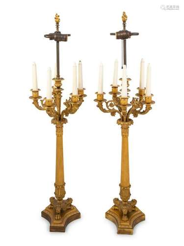 A Pair of Empire Gilt Bronze Five-Light Candelabra