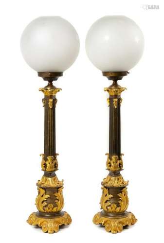 A Pair of French Gilt and Patinated Bronze Fluid Lamps