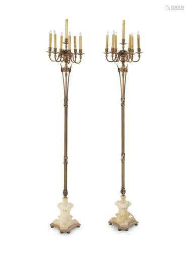 A Pair of Neoclassical Brass and Alabaster Torcheres