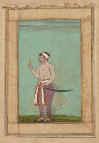 A portrait of Jahangir, early 18th century, opaque pigments heightened with gold on paper, the
