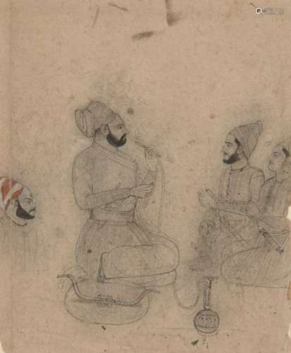 A ruler with his courtiers and son, smoking a huqqa, Jodhpur school, India, early 18th century,