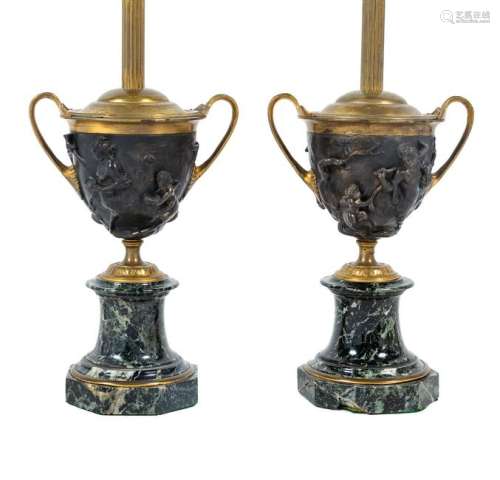 A Pair of Grand Tour Bronze and Marble Urns Mounted as