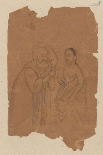 A fragmentary Mughal study of a young woman and old man, India, 17th century, pencil on paper,