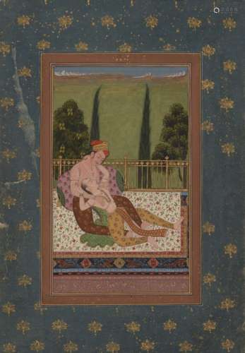 A prince and courtesan on a terrace, Provincial Mughal, 19th century, gouache on paper heightened