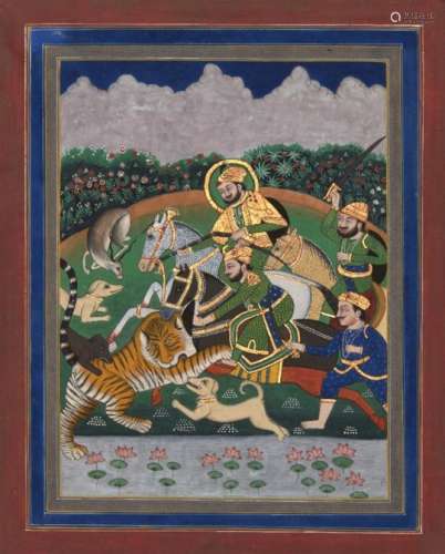 A tiger hunt, Jaipur, circa 1870, gouache on paper heightened with gold, depicting a ruler with