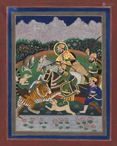 A tiger hunt, Jaipur, circa 1870, gouache on paper heightened with gold, depicting a ruler with