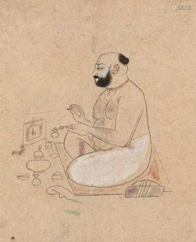 A pundit performing puja, Kotah, circa 1880, gouache on paper, depicted bare-chested and seated, his