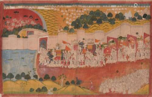 Maharaja Ram Singh in procession entering a fort, India, Kotah, circa 1850, opaque pigments