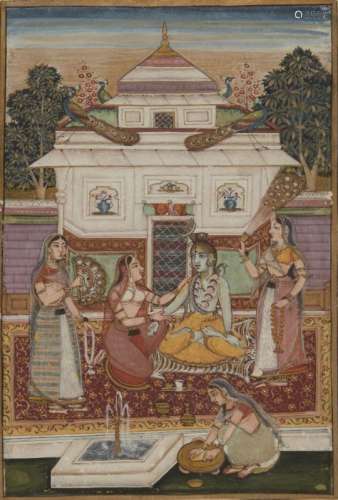 An illustration to a Ragamala, depicting ladies worshipping Shiva, a fountain to the foreground,