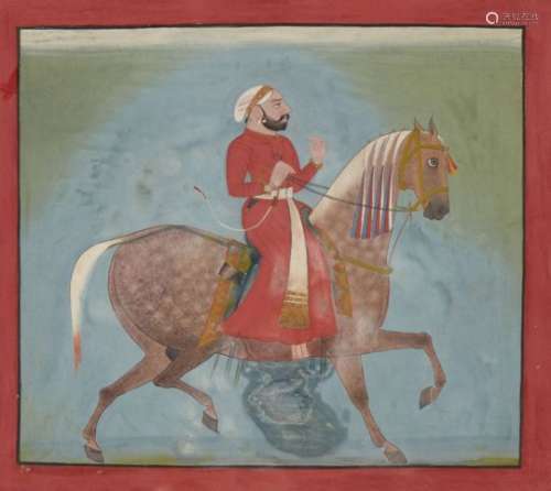 An equestrian portrait, Mewar, early 18th century, gouache on paper heightened with gilt, the