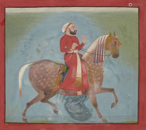 An equestrian portrait, Mewar, early 18th century, gouache on paper heightened with gilt, the