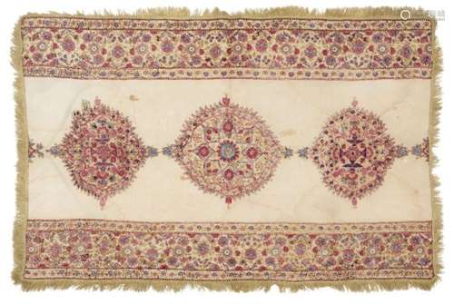 A Mughal embroidered Kashidakari cotton prayer mat, India, 18th century, of rectangular form, the