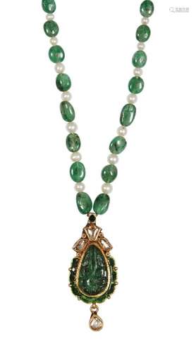 An emerald and pearl necklace with carved emerald pendant, India, 20th century, the drop-shaped gold