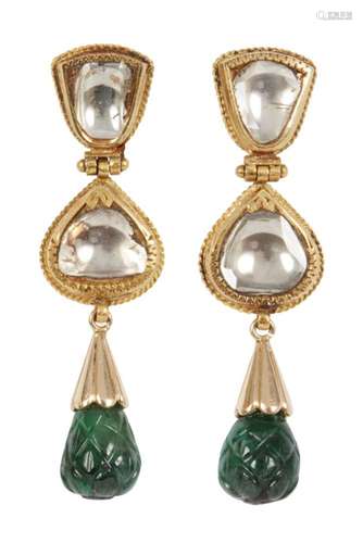 A pair of diamond and carved emerald gold earrings, India, 20th century, formed of a hinged gold