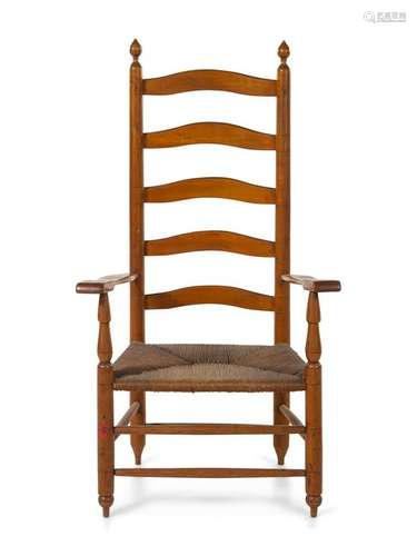 A Federal Turned Maple Ladder-Back Rush-Seat Armchair