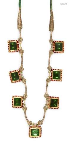 An early 20th century emerald set enamelled gold necklace, Jaipur, India, comprised of seven