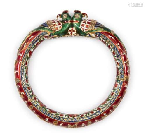 A diamond-set and enamelled gold bracelet, Jaipur, North India, 19th century, of circular form,