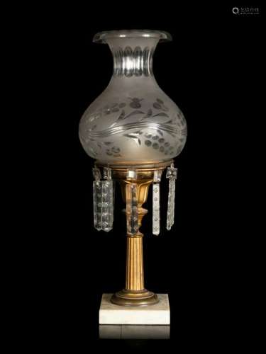 A Classical Brass and Etched Glass Oil Lamp