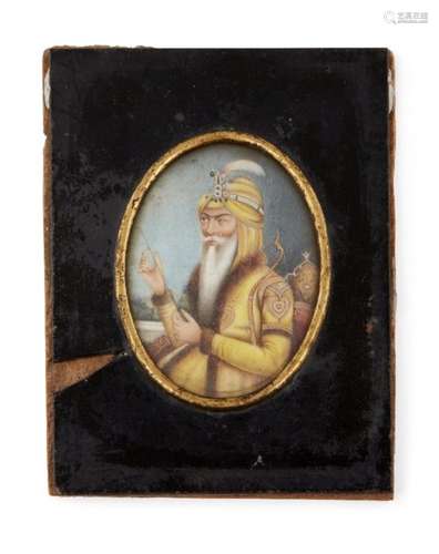 A framed portrait on ivory of Maharaja Ranjit Singh, India, 19th Century, opaque pigments heightened