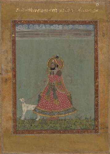 A portrait of a Sikh ruler walking his dog, India, late 18th- early 19th century, opaque pigments on