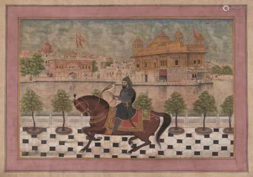 A Sikh watercolor of Guru Gobind Singh Ji (1666-1708) on a horse with his favorite falcon, in the