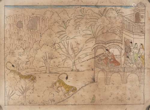 A lady hunting, Kotah school, 19th century, ink and opaque pigments on paper, the lady aims her