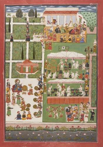 A large scene depicting a ruler in his garden encampment, Mewar, early-mid 20th century, based on an