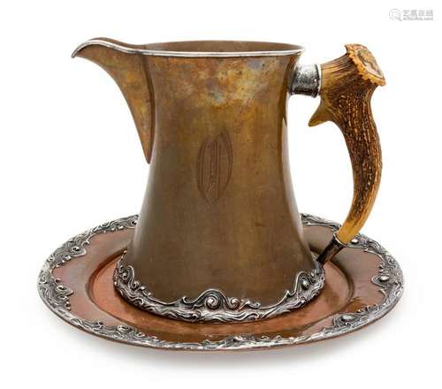 An American Mixed Metal Water Pitcher and Underplate