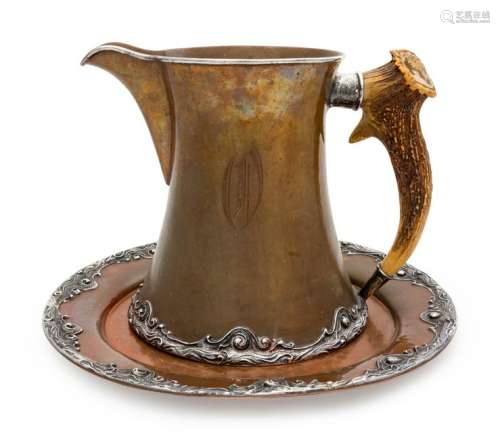 An American Mixed Metal Water Pitcher and Underplate